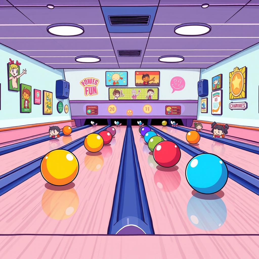 A vibrant comic-style bowling alley featuring 8 colorful lanes, each with shiny bowling balls lined up and ready to play