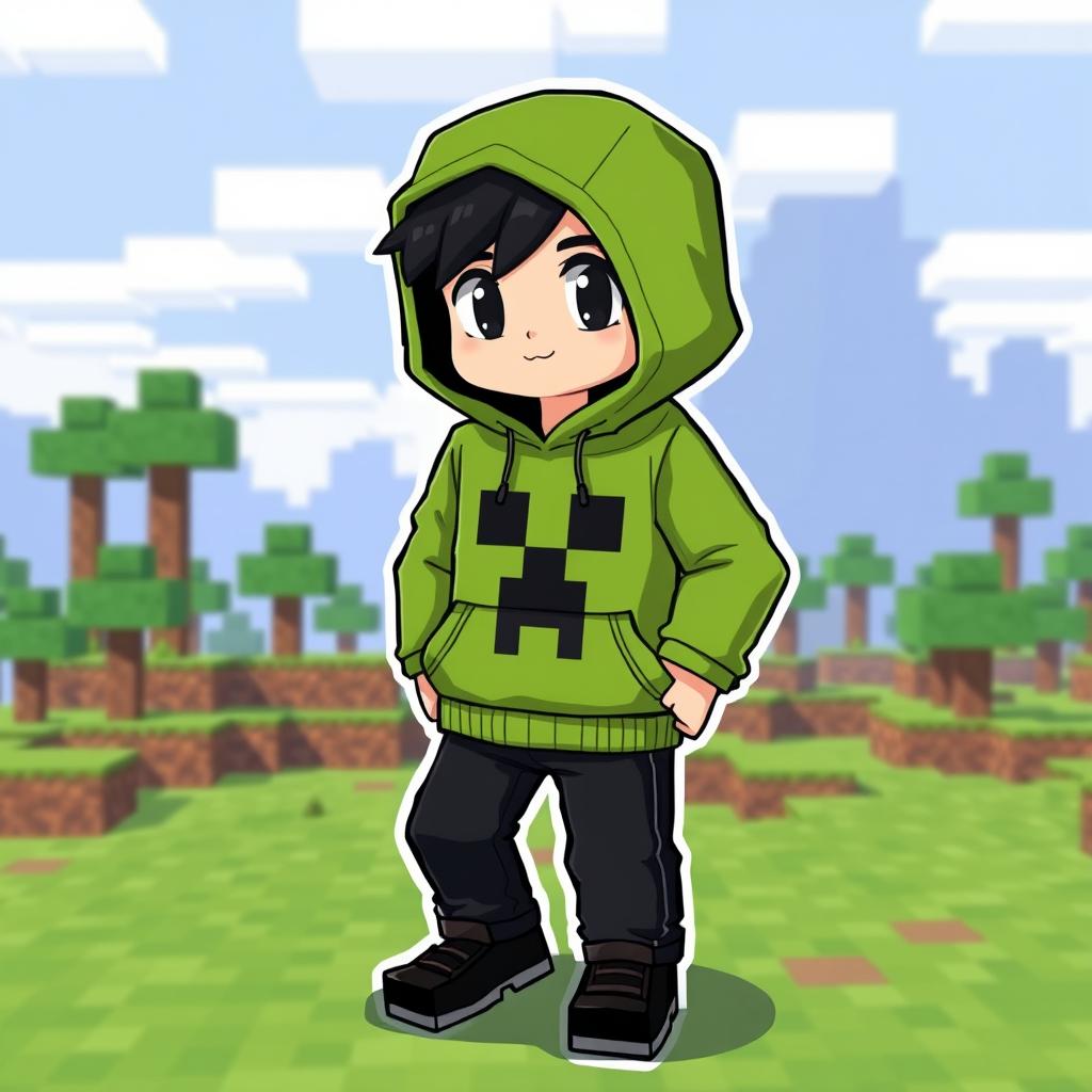 A Minecraft-style character depicted as a young boy wearing a green hoodie featuring a creeper face design on the front