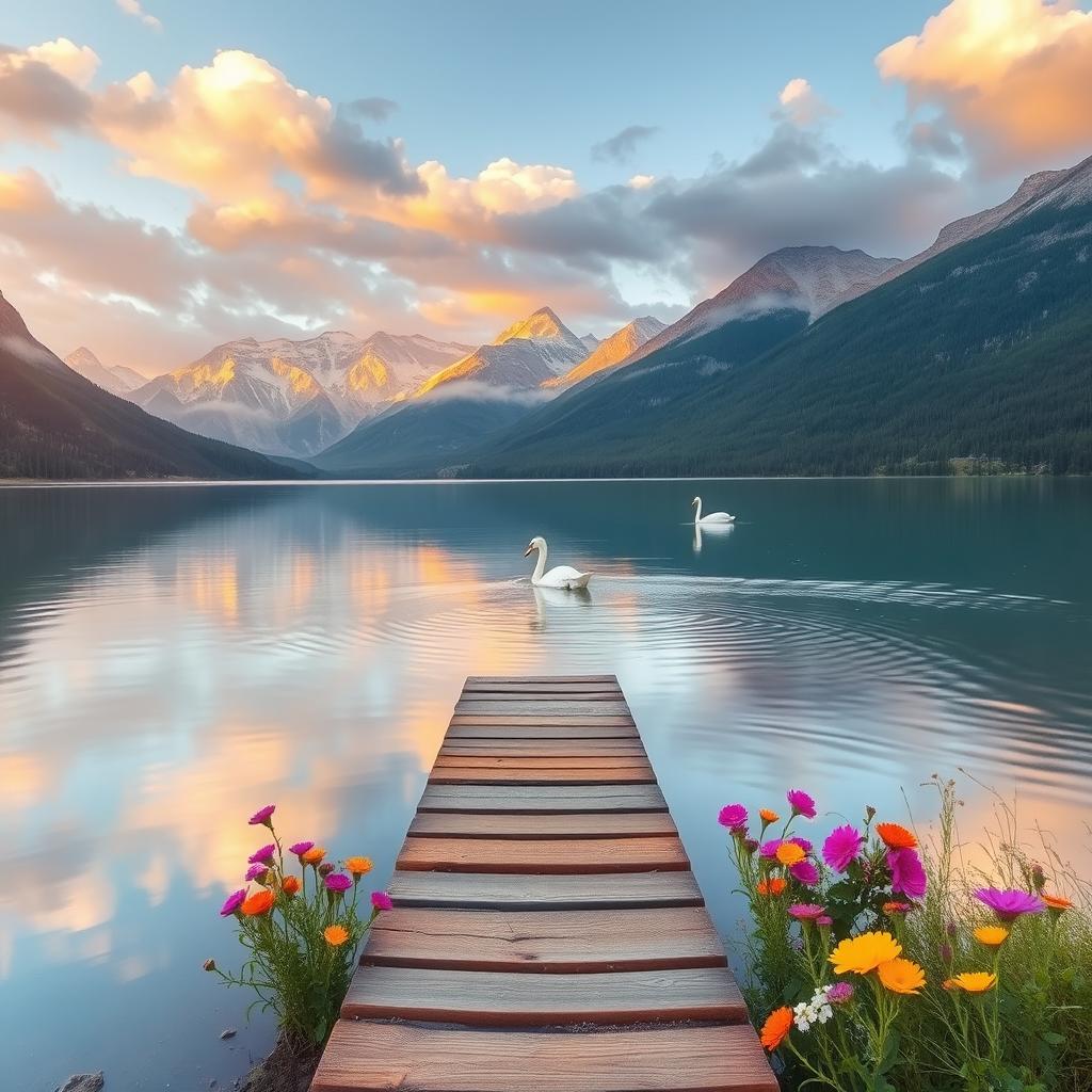 A tranquil and picturesque landscape featuring a serene lake surrounded by majestic mountains at sunrise, with soft pastel colors reflecting on the water