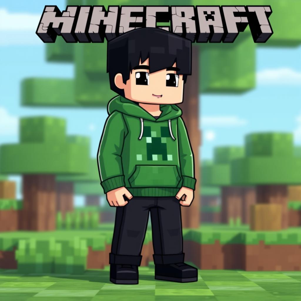A Minecraft-style character depicting a young boy with a green hoodie featuring a creeper face design in the center