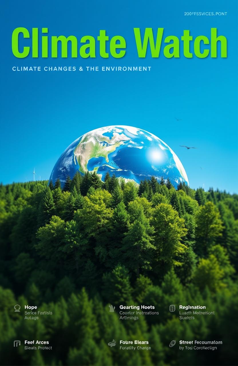 A professional and visually striking cover design for a monthly report titled "Climate Watch" focused on climate change and the environment