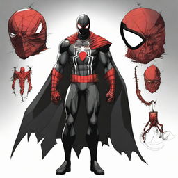 Evil interpretation of Spider-Man in a black armored suit with a large red spider mark on the chest, coupled with four ominous red eyes, a red hood, a white cape fashioned from webbing, and Batman-inspired spade bracelets.