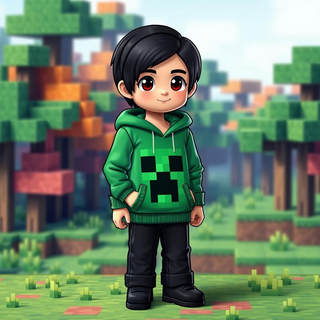 A Minecraft-style character showcasing a young boy wearing a green hoodie that features a creeper face design prominently in the center