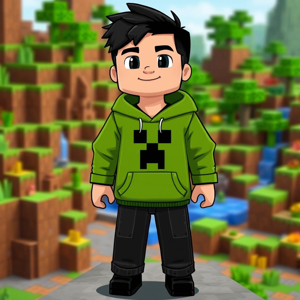 A Minecraft-style character representing a young boy wearing a green hoodie adorned with a creeper face design in the middle