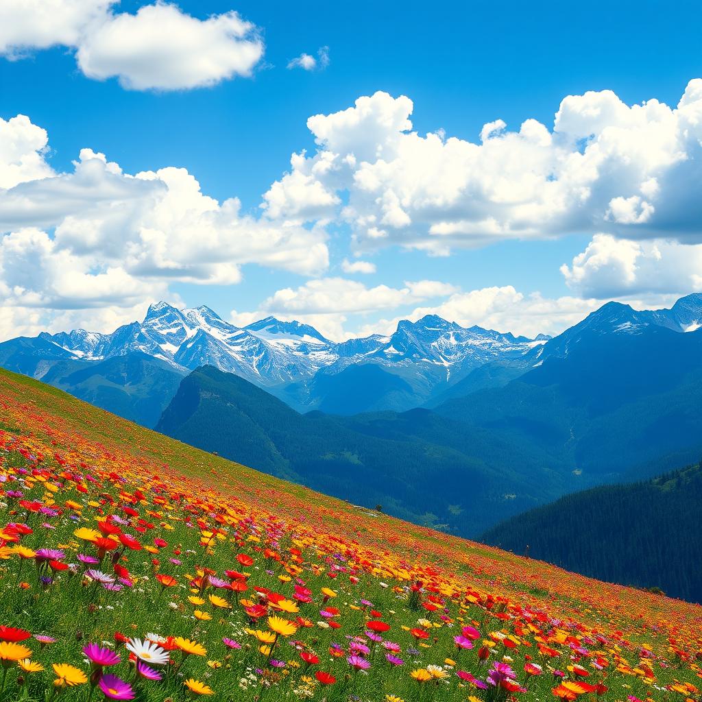 A breathtaking landscape featuring a vast field of wildflowers in vibrant colors, under a clear blue sky with fluffy white clouds