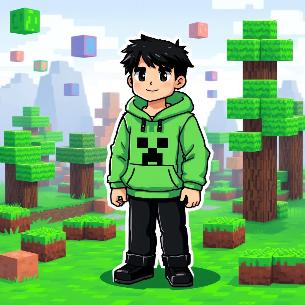 A pixelated Minecraft character design featuring a boy with black hair