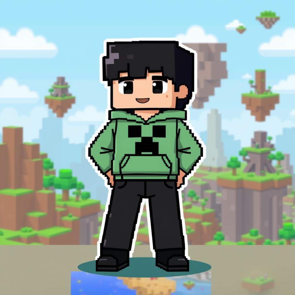 A pixelated Minecraft character design featuring a boy with black hair