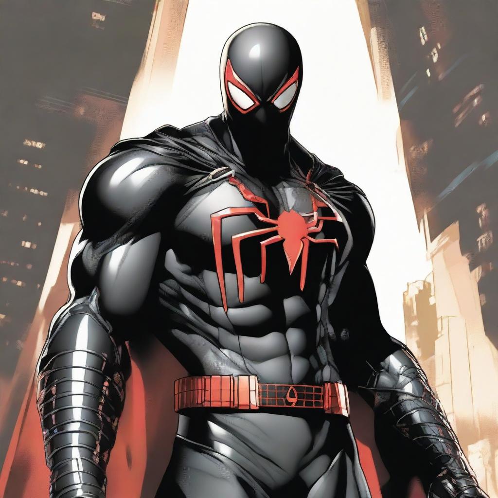 Evil interpretation of Spider-Man in a black armored suit with a large red spider mark on the chest, coupled with four ominous red eyes, a red hood, a white cape fashioned from webbing, and Batman-inspired spade bracelets.