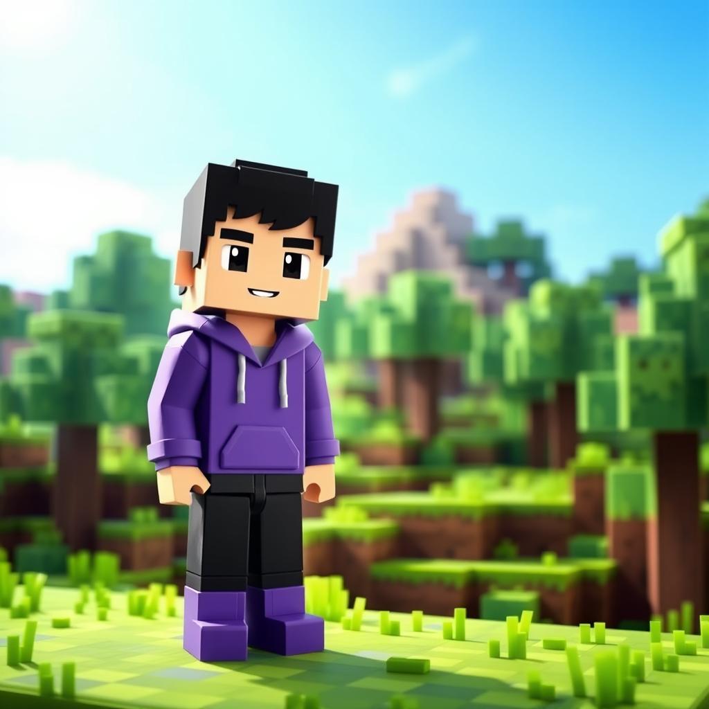 A Minecraft character designed as a boy wearing a purple hoodie, black hair, black pants, and purple shoes