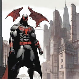 Evil interpretation of Spider-Man in a black armored suit with a large red spider mark on the chest, coupled with four ominous red eyes, a red hood, a white cape fashioned from webbing, and Batman-inspired spade bracelets.