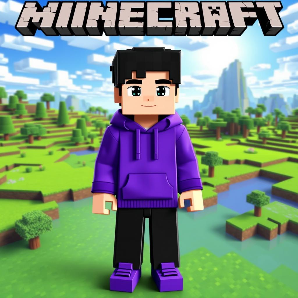 A Minecraft character designed as a boy wearing a purple hoodie, having black hair, black pants, and purple shoes