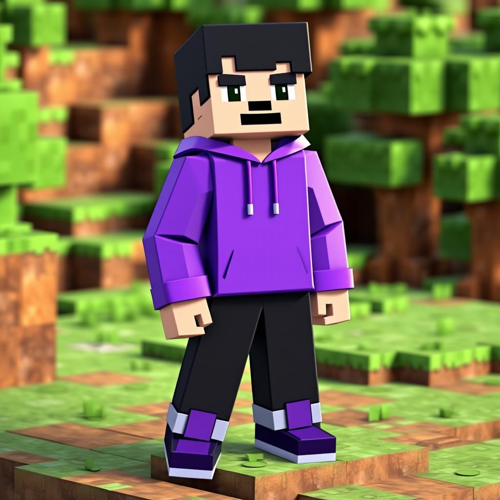 A Minecraft character designed as a boy wearing a purple hoodie, black hair, black pants, and purple shoes