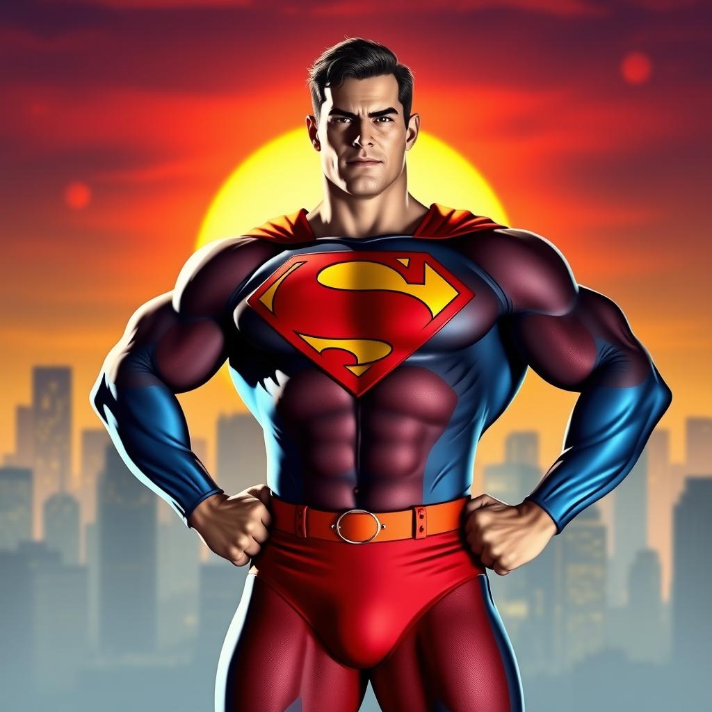 A muscular superhero, wearing a classic red and blue costume with a large 'S' emblem on his chest