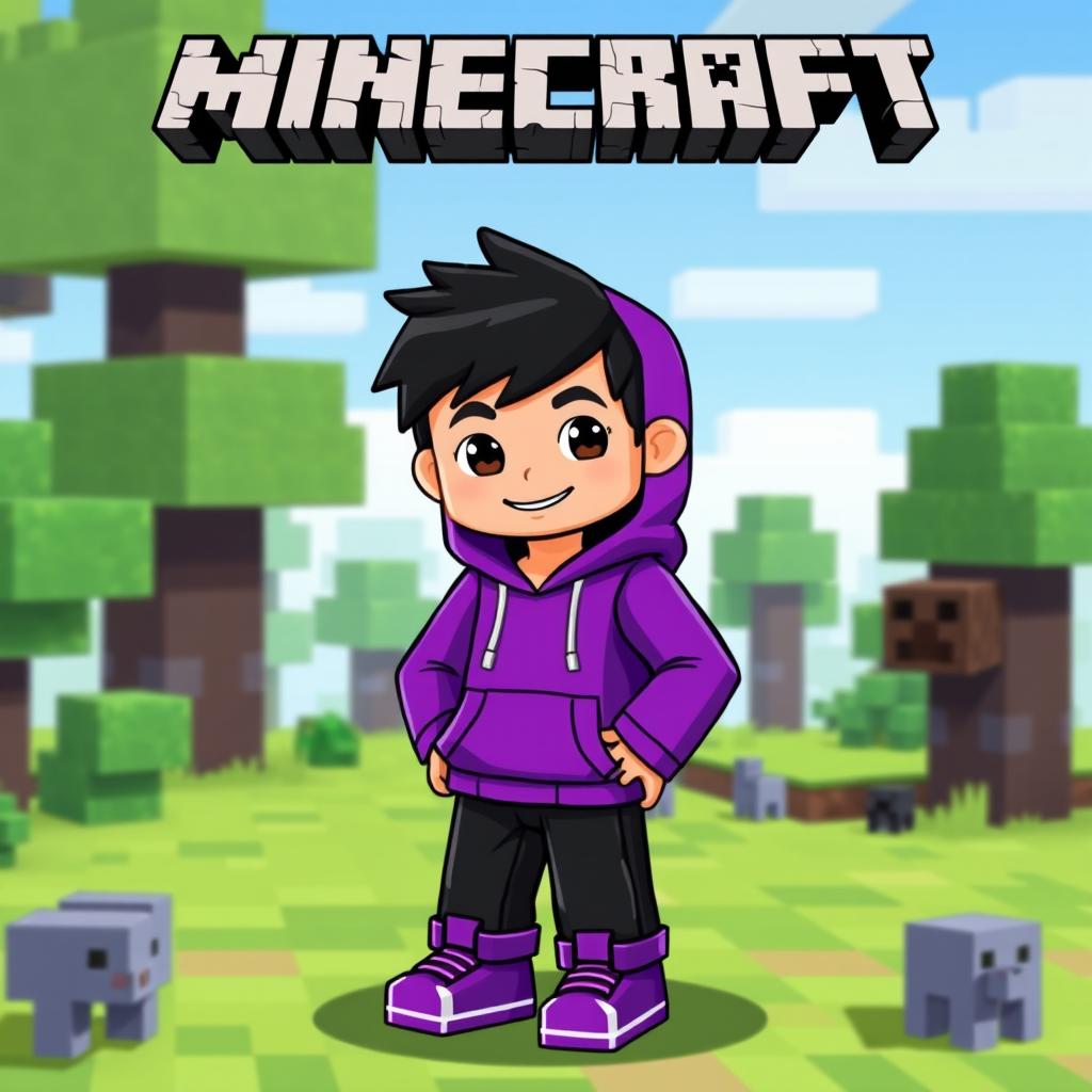 A Minecraft character depicted as a young boy wearing a vibrant purple hoodie, with black hair sticking out, dressed in black pants, and sporting stylish purple shoes
