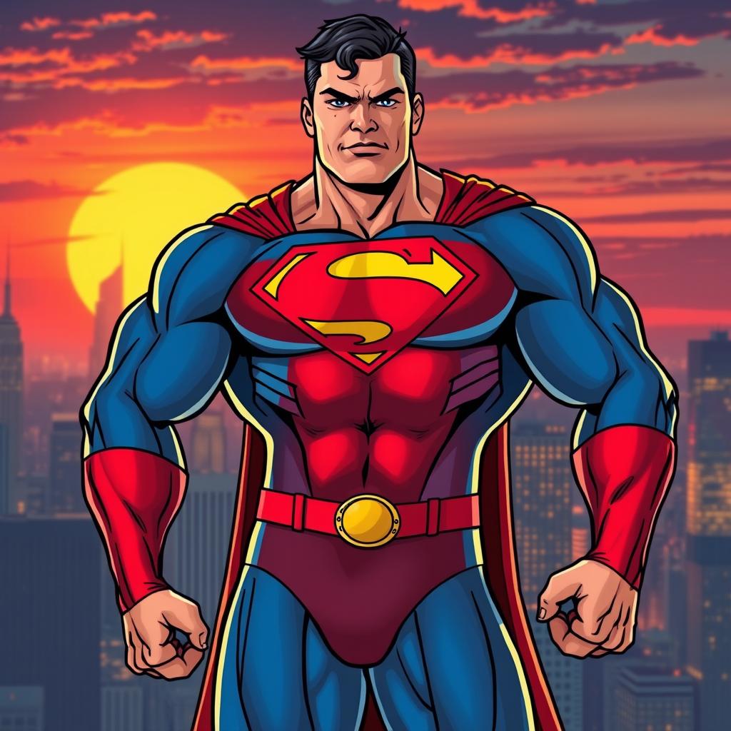 A muscular superhero resembling Superman, wearing a tight red and blue costume adorned with a prominent 'S' emblem on his chest