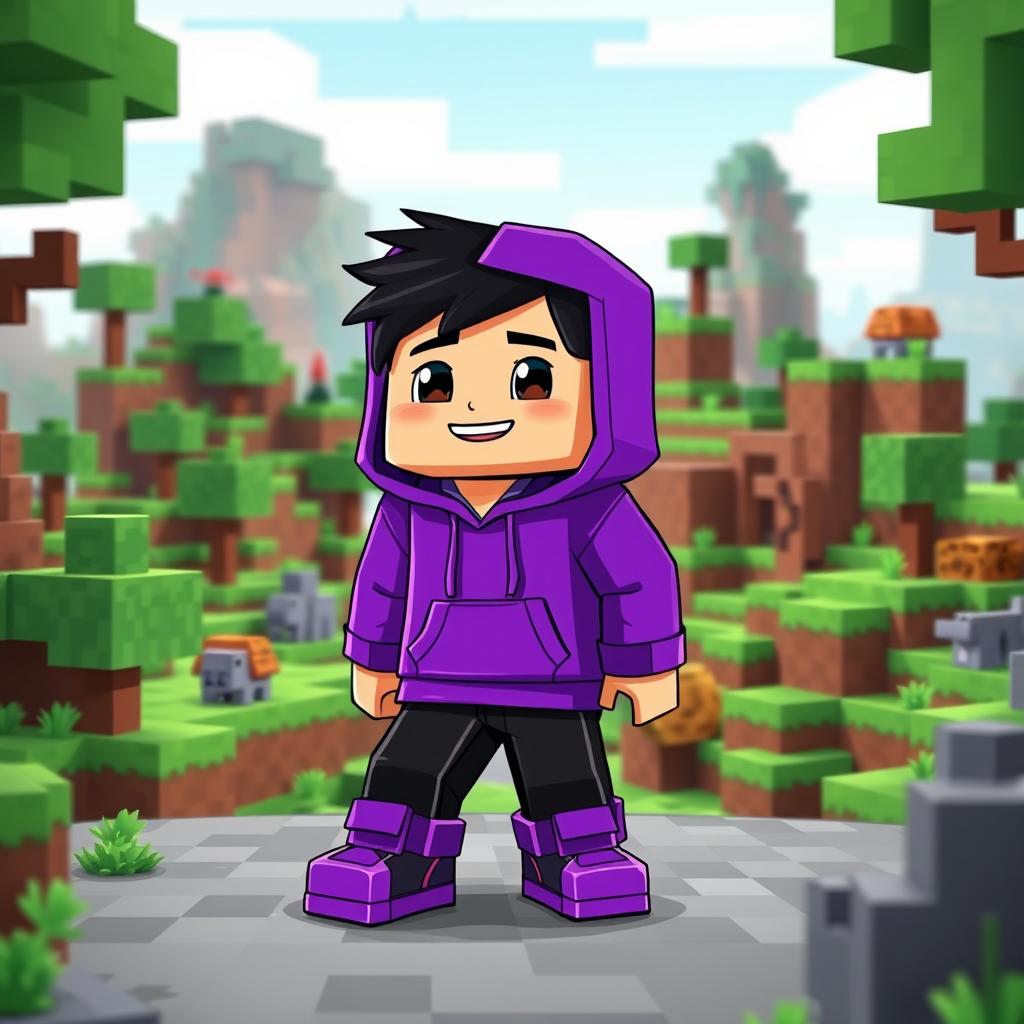 A Minecraft character depicted as a young boy wearing a vibrant purple hoodie, with black hair, dressed in black pants, and sporting stylish purple shoes