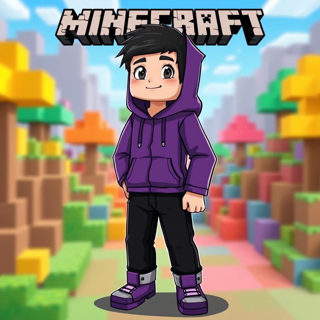 A Minecraft character illustrated as a boy, featuring a striking purple hoodie, black hair, black pants, and vibrant purple shoes