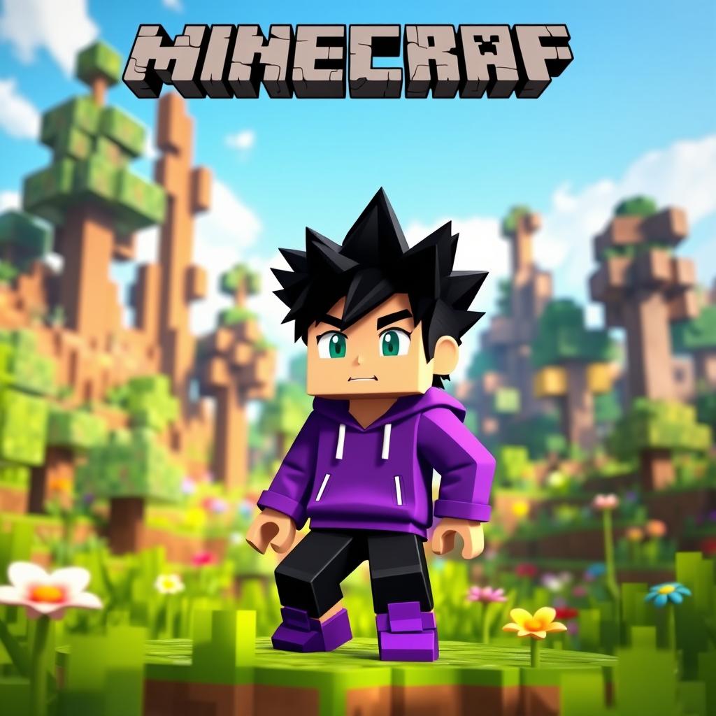 A Minecraft character represented as a young boy wearing a bright purple hoodie, with spiky black hair, black pants, and striking purple shoes