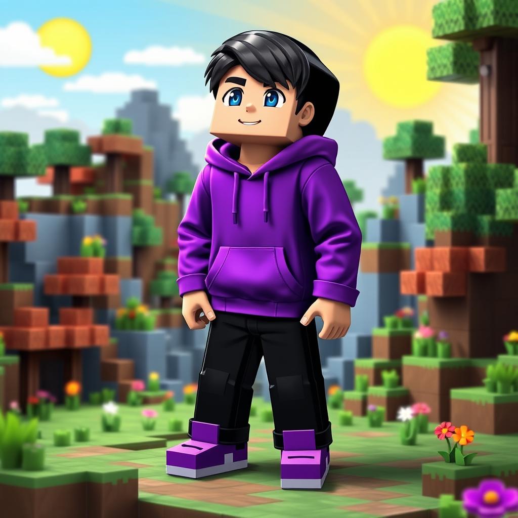 A Minecraft character designed as a boy, featuring a bright purple hoodie, sleek black hair, black pants, and eye-catching purple shoes
