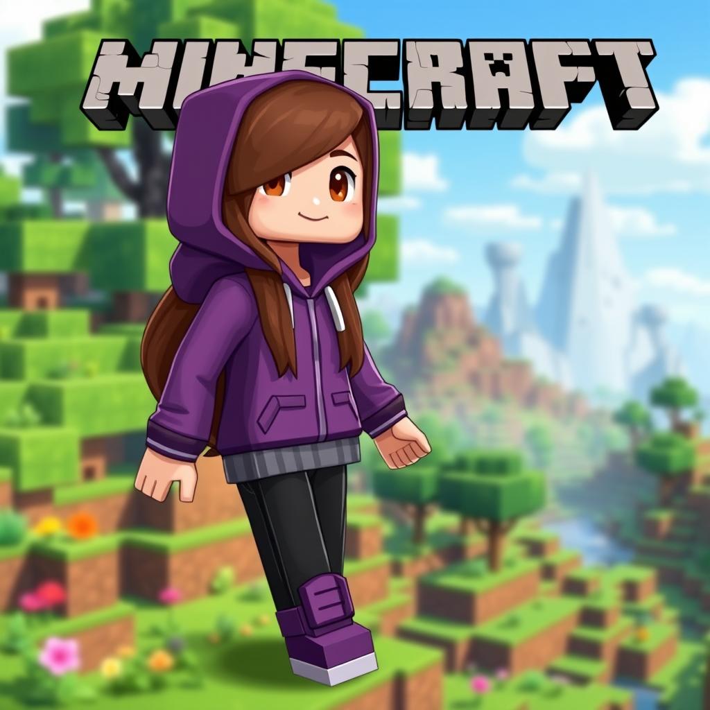 A Minecraft character designed as a girl, wearing a stylish purple hoodie, with long brown hair, black pants, and trendy purple shoes