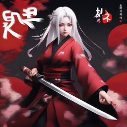 A 3D image of a 16-year-old samurai girl with white hair, bright red eyes, dressed in traditional Japanese red and black clothes, holding a katana. The background features the name 'AXELYN' in a dark, tense atmosphere.