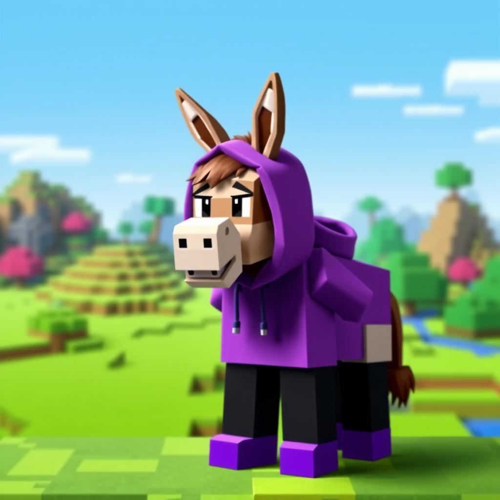 A Minecraft character depicted as a whimsical donkey, wearing a cozy purple hoodie, with soft brown fur, black pants, and vibrant purple shoes