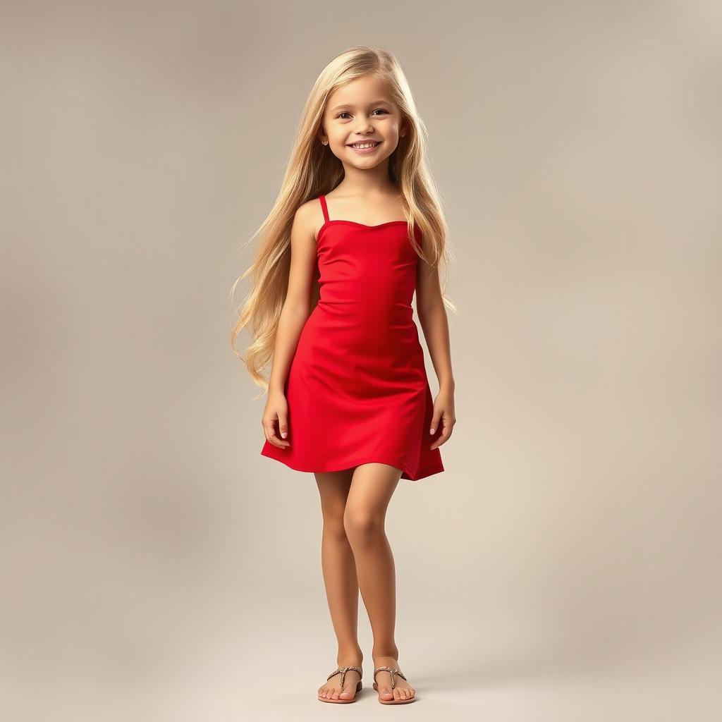 A tall blonde girl with long flowing hair, wearing a vibrant red dress that accentuates her figure
