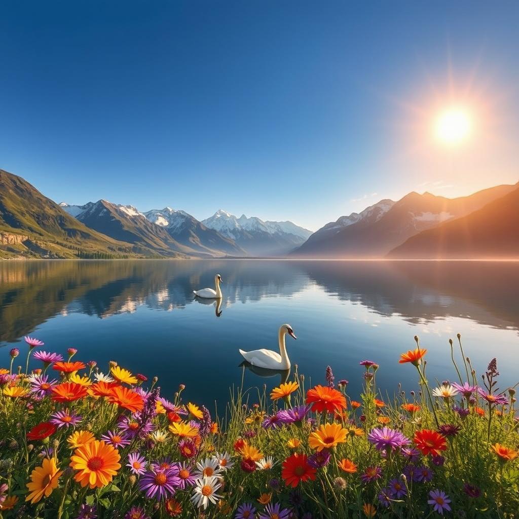 A serene landscape featuring a tranquil lake surrounded by majestic mountains under a clear blue sky