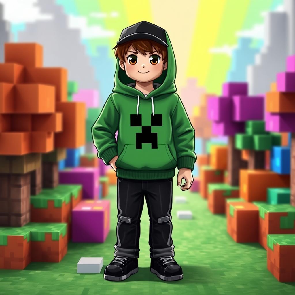 A Minecraft character depicted as a young boy wearing a green hoodie featuring a creeper face design in the center