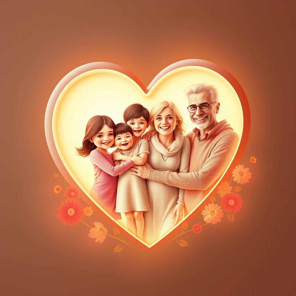 A heart shape featuring family members inside, depicting a father on the right side, a mother on the left side, with two sons in the middle positioned slightly taller than two daughters