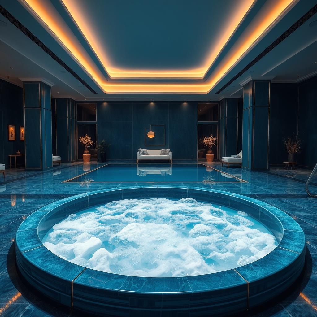 A luxurious public jacuzzi situated in a spacious indoor environment, completely free of swimming pools, sofas, and windows