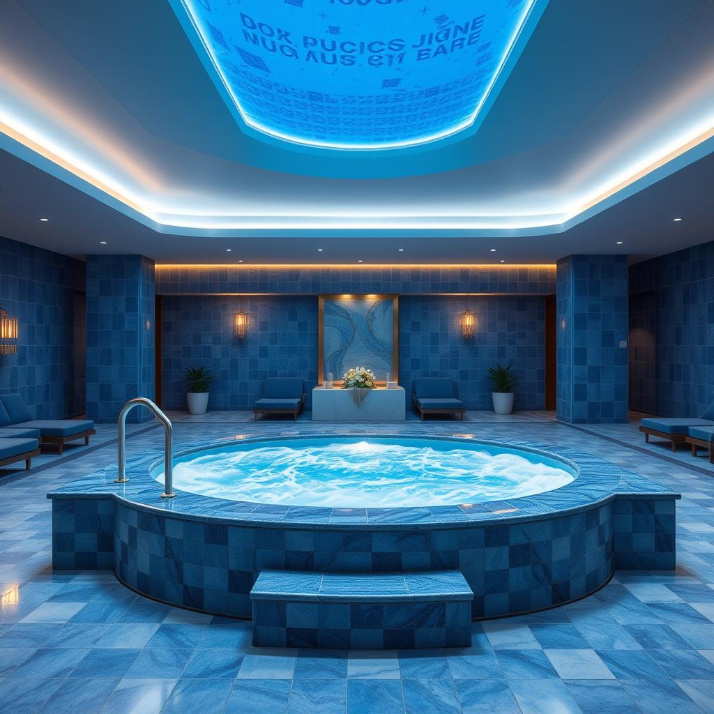 A large and luxurious public jacuzzi situated in a spacious indoor environment, free of any swimming pools, sofas, or windows