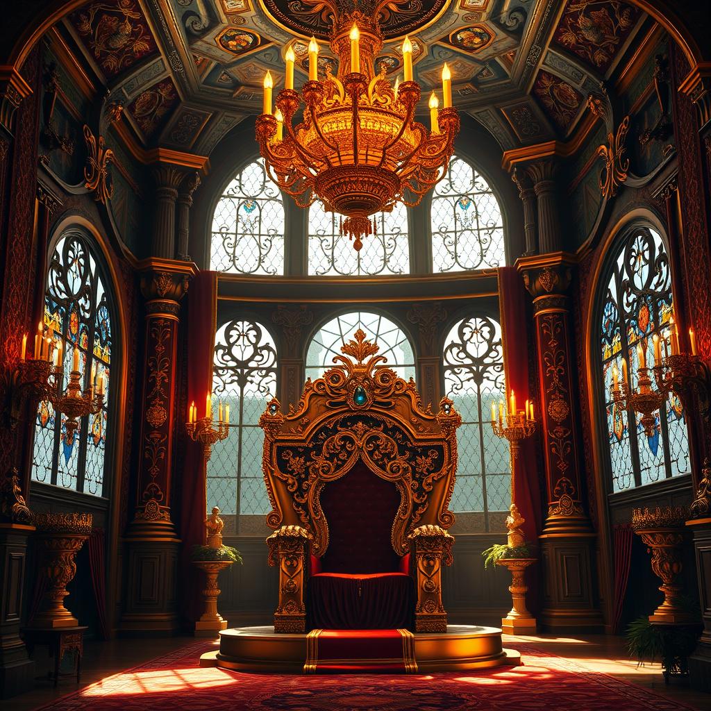 An elaborately designed royal throne room, adorned with intricate tapestries and gleaming chandeliers that cast warm light, showcasing a luxurious atmosphere fit for royalty