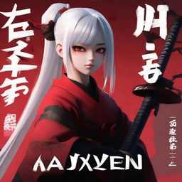 A 3D image of a 16-year-old samurai girl with white hair, bright red eyes, dressed in traditional Japanese red and black clothes, holding a katana. The background features the name 'AXELYN' in a dark, tense atmosphere.