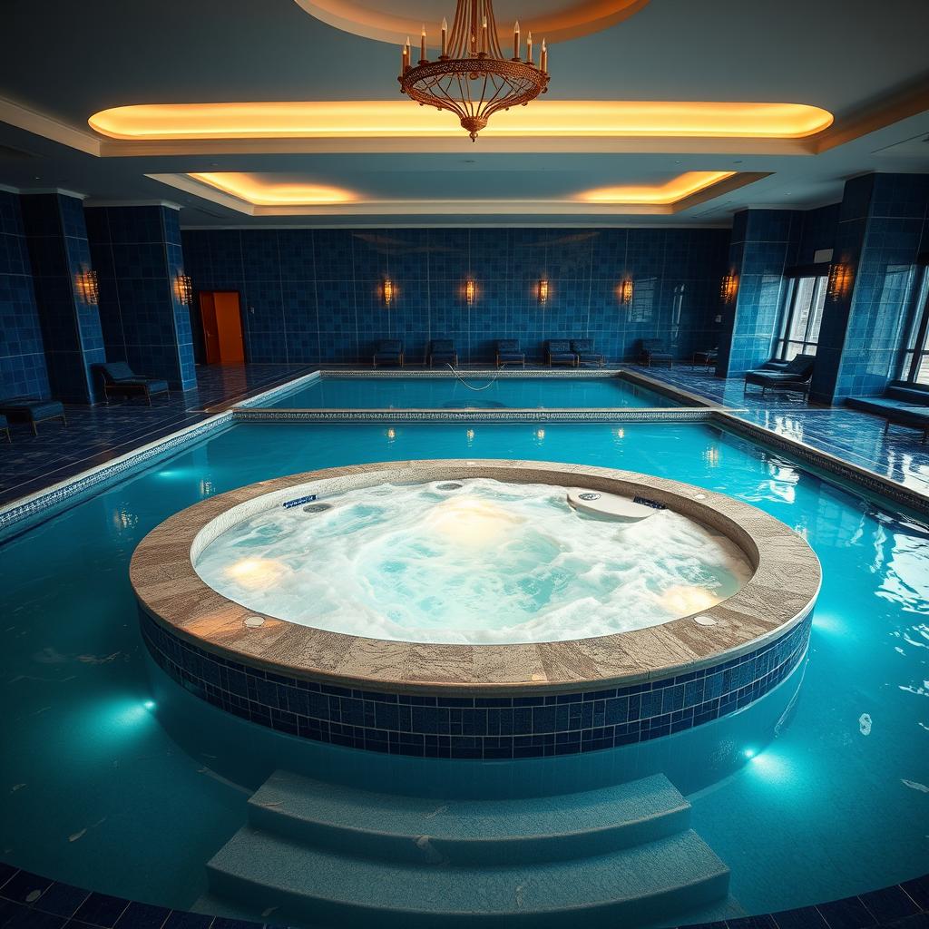 A very large public jacuzzi situated in a luxurious indoor setting, designed to accommodate many guests