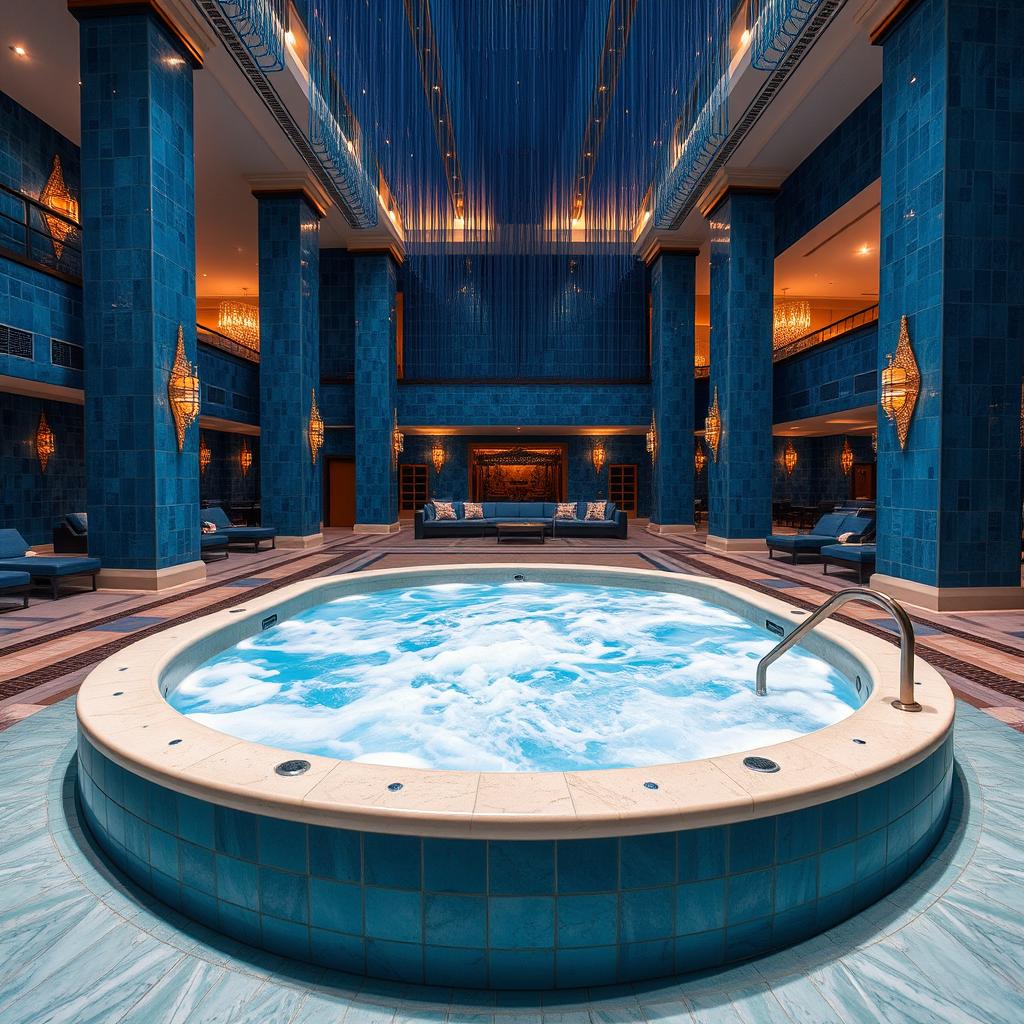 A very large public jacuzzi located in a luxurious indoor setting, designed to accommodate numerous guests