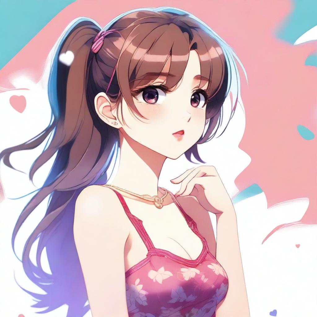 A high-quality digital art image presents a voluptuous 20-year-old anime girl in a stylish and sexy dress