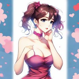 A high-quality digital art image presents a voluptuous 20-year-old anime girl in a stylish and sexy dress