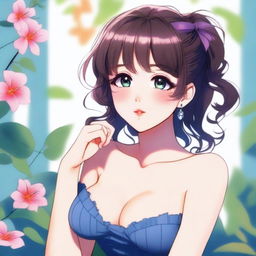 A high-quality digital art image presents a voluptuous 20-year-old anime girl in a stylish and sexy dress