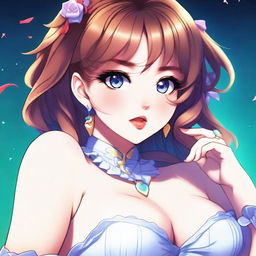 A high-quality digital art image presents a voluptuous 20-year-old anime girl in a stylish and sexy dress