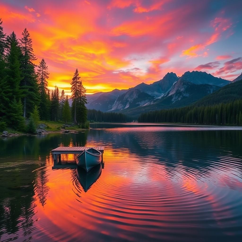 A serene landscape featuring a vibrant sunset over a peaceful lake, surrounded by lush green forests and majestic mountains in the background