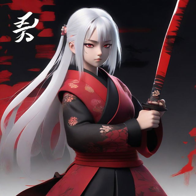 A 3D image of a 16-year-old samurai girl with white hair, bright red eyes, dressed in traditional Japanese red and black clothes, holding a katana. The background features the name 'AXELYN' in a dark, tense atmosphere.