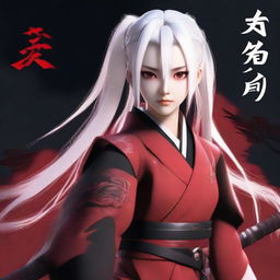 A 3D image of a 16-year-old samurai girl with white hair, bright red eyes, dressed in traditional Japanese red and black clothes, holding a katana. The background features the name 'AXELYN' in a dark, tense atmosphere.