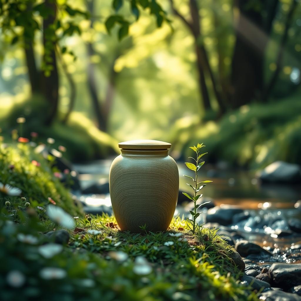 An informative scene showcasing ecological cremation processes for pets, highlighting the natural preservation methods