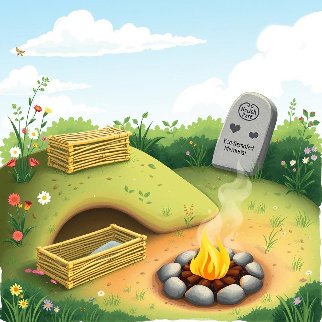An illustration depicting an eco-friendly pet burial and bio-cremation process