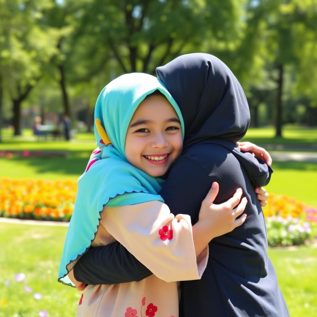 A cute girl wearing a colorful hijab, smiling brightly, giving a warm and affectionate hug to a person