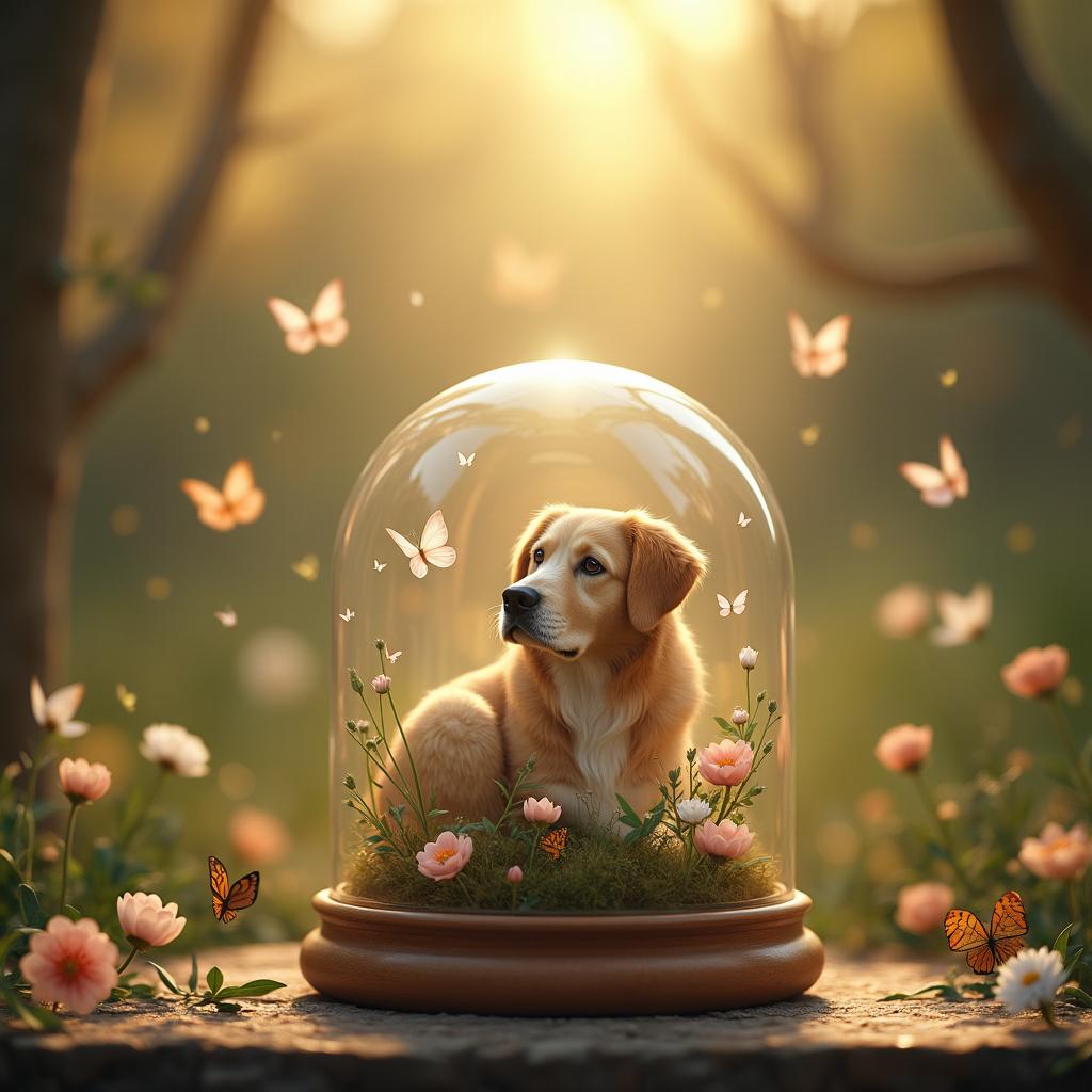 A serene, artistic representation of a pet memorial scene, featuring beautifully preserved remains of a beloved dog resting inside a glass display case, surrounded by a comforting ambiance