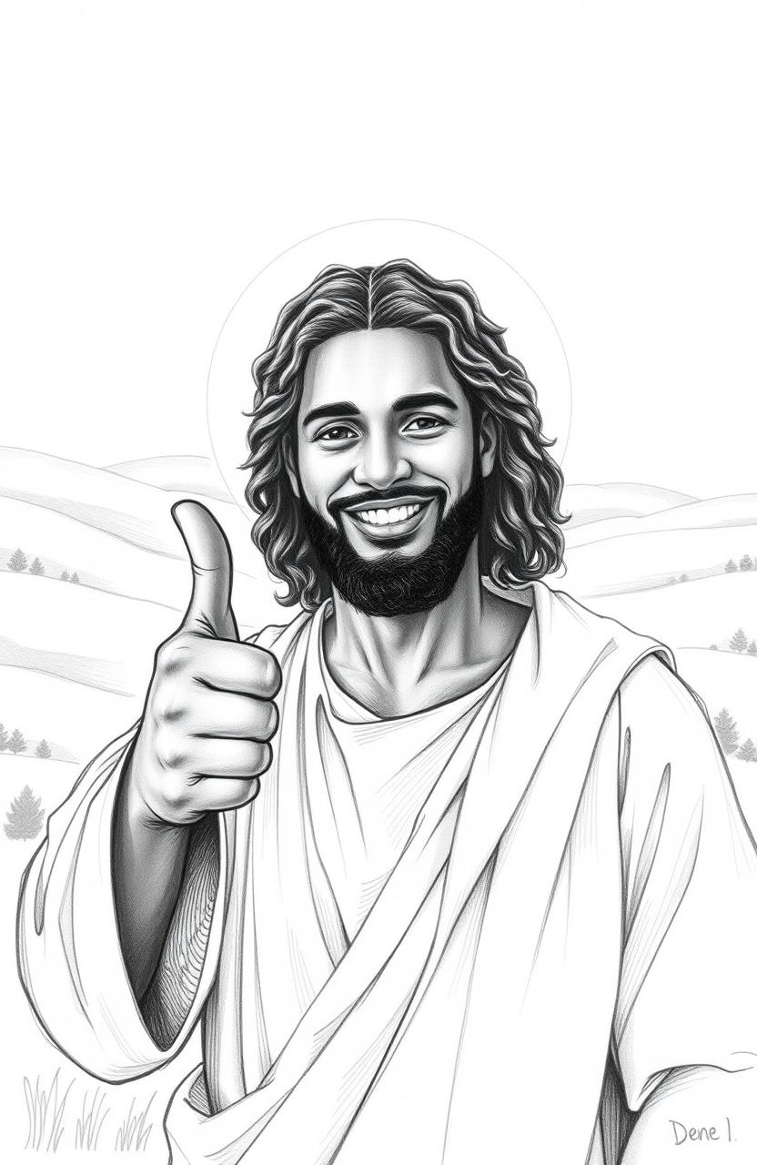 A detailed pencil sketch of a black Jesus giving a thumbs up, featuring a warm smile and a gentle expression