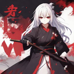 Anime girl around 16 years old with white hair and bright red eyes, dressed in traditional Japanese red and black clothing, wielding a katana, with the name 'Nhov' popping up. The atmosphere is dark and tense.