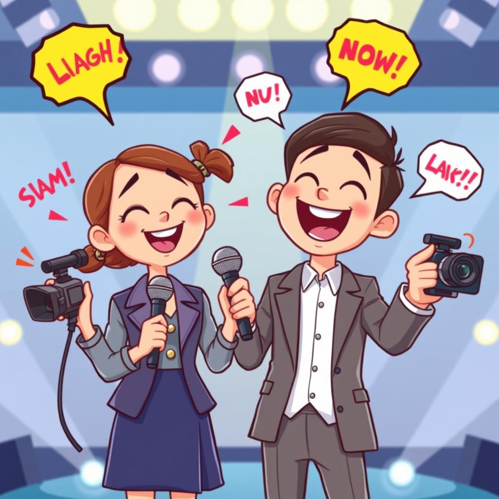 A humorous cartoon scene featuring a girl holding a microphone and a boy holding a camera, both filled with laughter